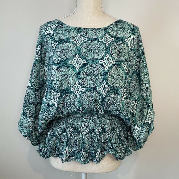 Cost Plus World Market Tops - World Market Bohemian Hippie Geometric Smocked Waist Poncho Blouse Green Small